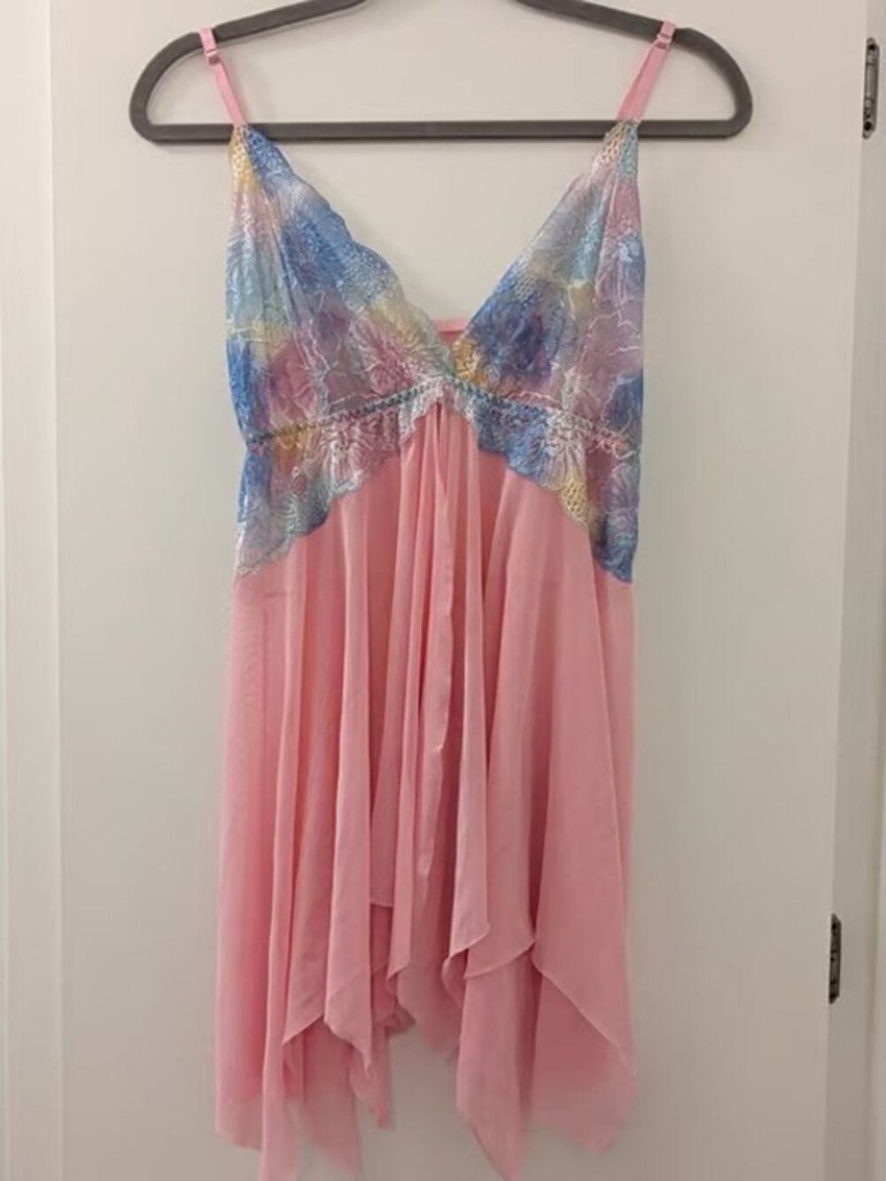 Pink Sheer Babydoll Nightgown With Multicolor Lace Detail Size 1XL Polyester & N